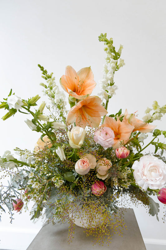 Peach, pink, and ivory bouquet.