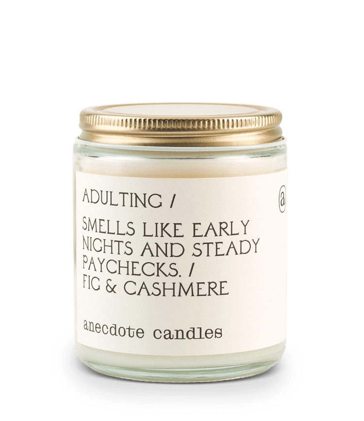 Anecdote brand label with label reading Adulting / Smells like early nights and steady paychecks. Fig and cashmere.