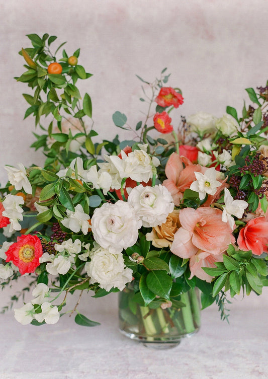 Pink and red floral bouquet.