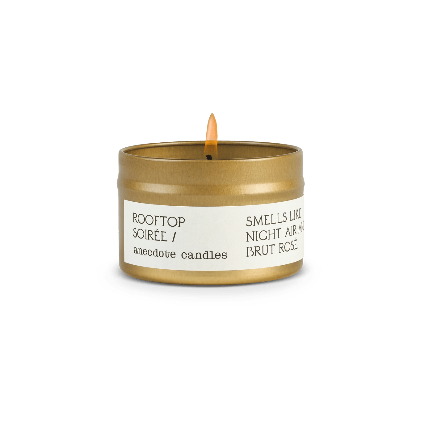 Candle with label that reads Rooftop soiree.